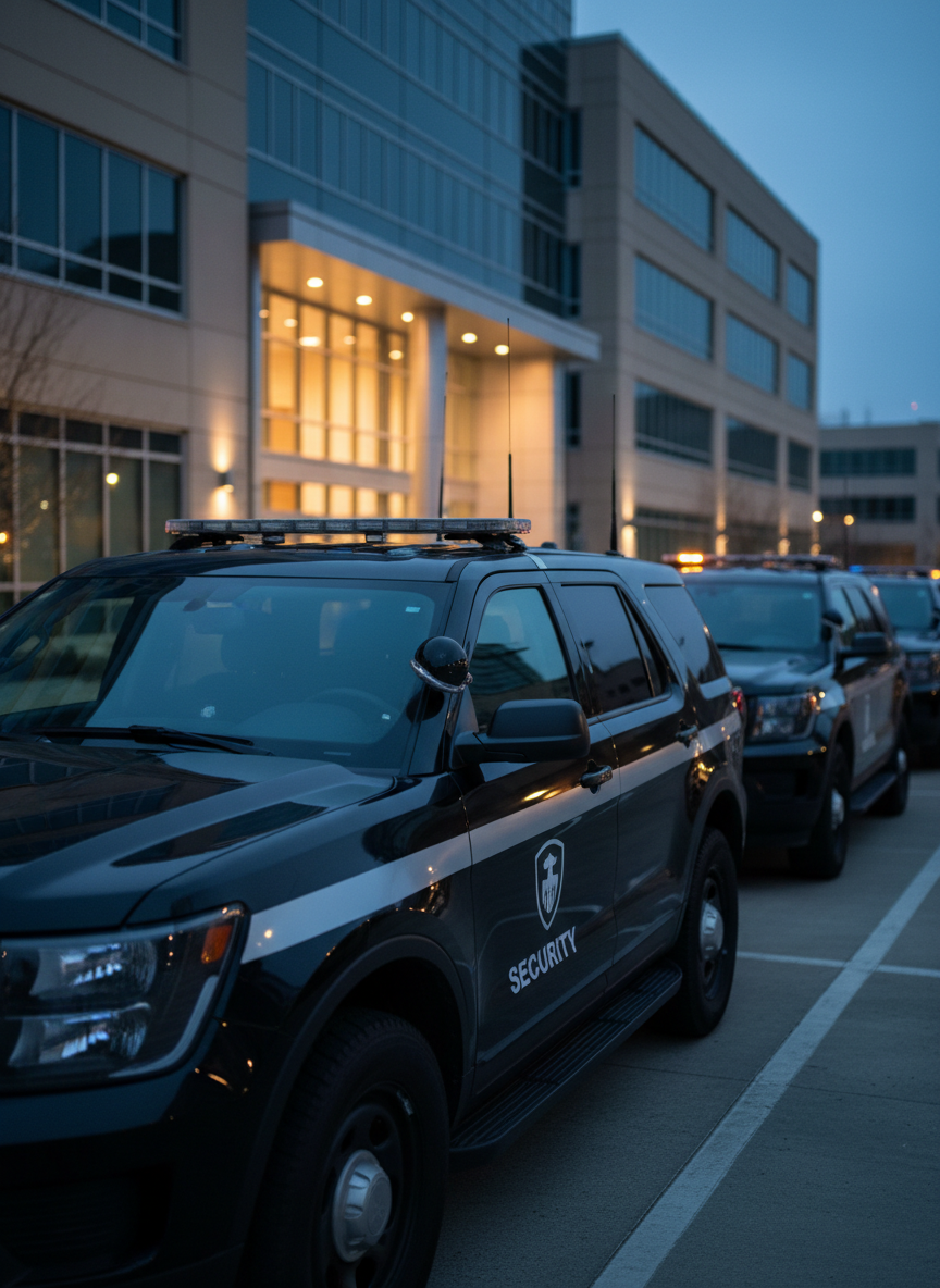 A fleet of professional security vehicles parked in a neat diagonal line in front of a modern commercial complex at twilight. Each vehicle is a clean, dark-colored SUV with reflective striping and generic security markings, their surfaces showing subtle reflections of nearby streetlights and building windows. Roof-mounted light bars and discrete antennae emphasize readiness without appearing aggressive. The sky glows deep blue, with cool ambient light contrasting with the warm spill from the building’s lobby. Captured from a low, three-quarter angle, the vehicles dominate the frame, with a shallow depth of field softening the background architecture. The mood is dependable and vigilant, with photographic realism highlighting rapid response capability and long-term experience in the field.