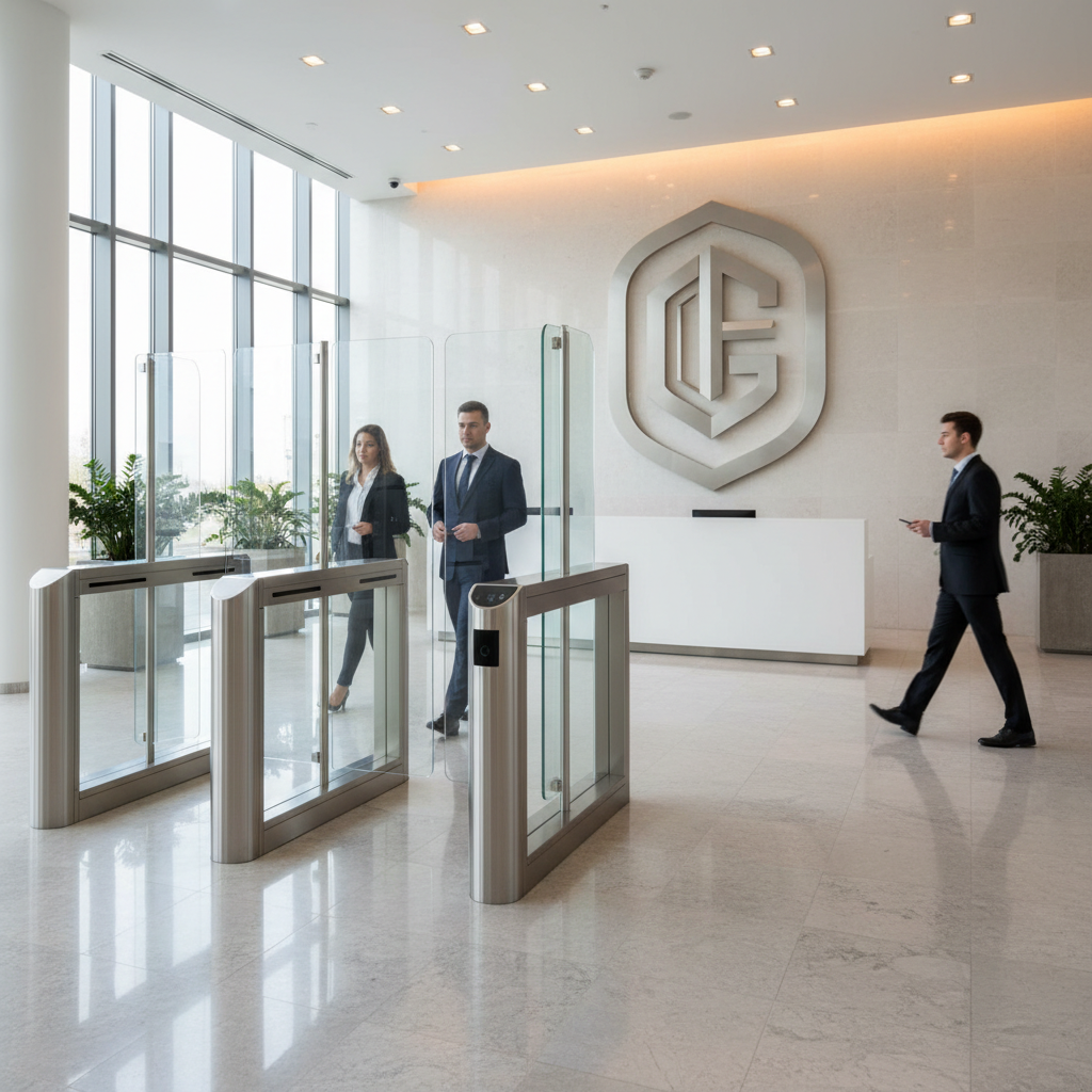 A secure corporate lobby entrance featuring tall glass turnstiles with brushed stainless steel barriers, a discrete card reader panel, and a polished stone floor reflecting subtle highlights. In the background, a clean reception desk with minimalist design and an abstract wall display suggesting a company logo without any text. Soft, diffused daylight from large windows mixes with warm recessed ceiling lights, creating a welcoming yet secure atmosphere. Photographic realism with a slightly elevated, wide-angle view that captures the entire entrance zone, focusing on modern security technology integrated seamlessly into a professional office setting, emphasizing trust, order, and unobtrusive protection.